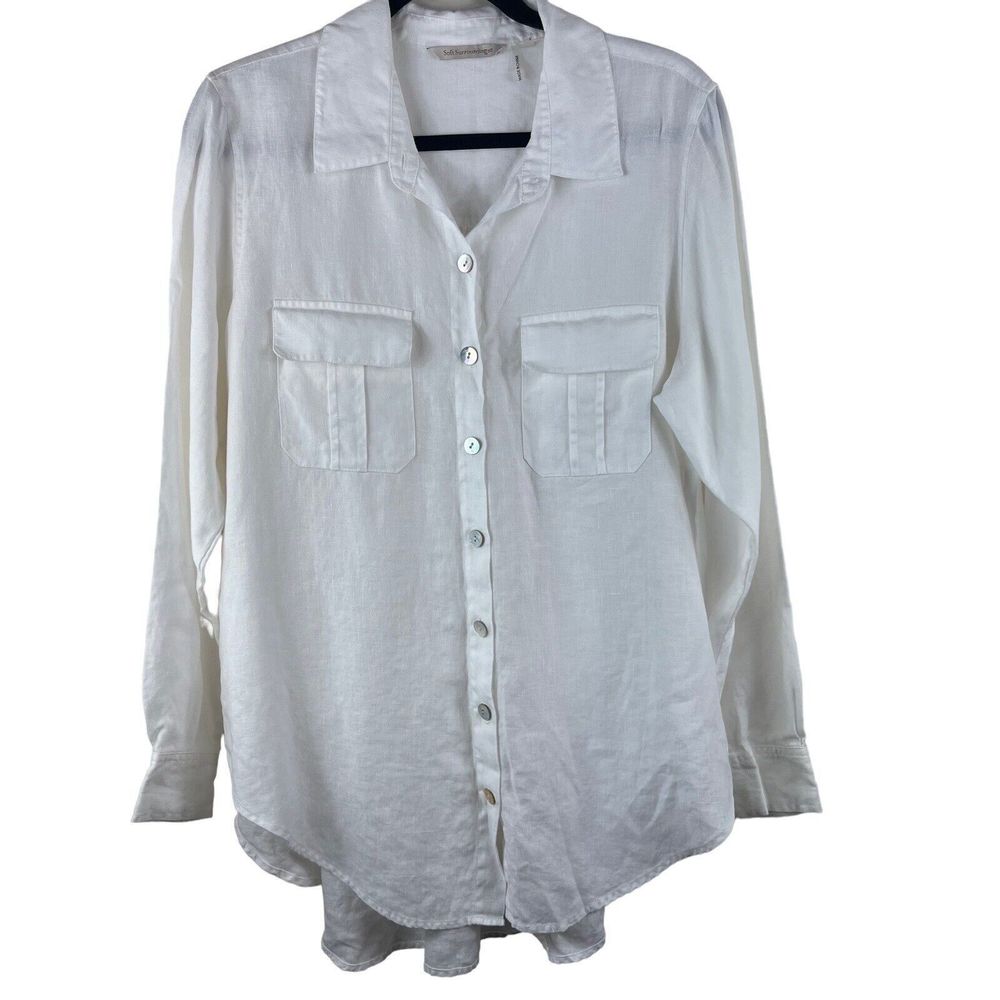 Soft Surroundings Women Tunic Top Size Large White Cream Linen Button Blouse